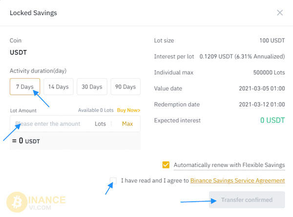 Traders click chuột vào mục “I have read and I agree Binance Savings Service Agreement” để xác thực giao dịch