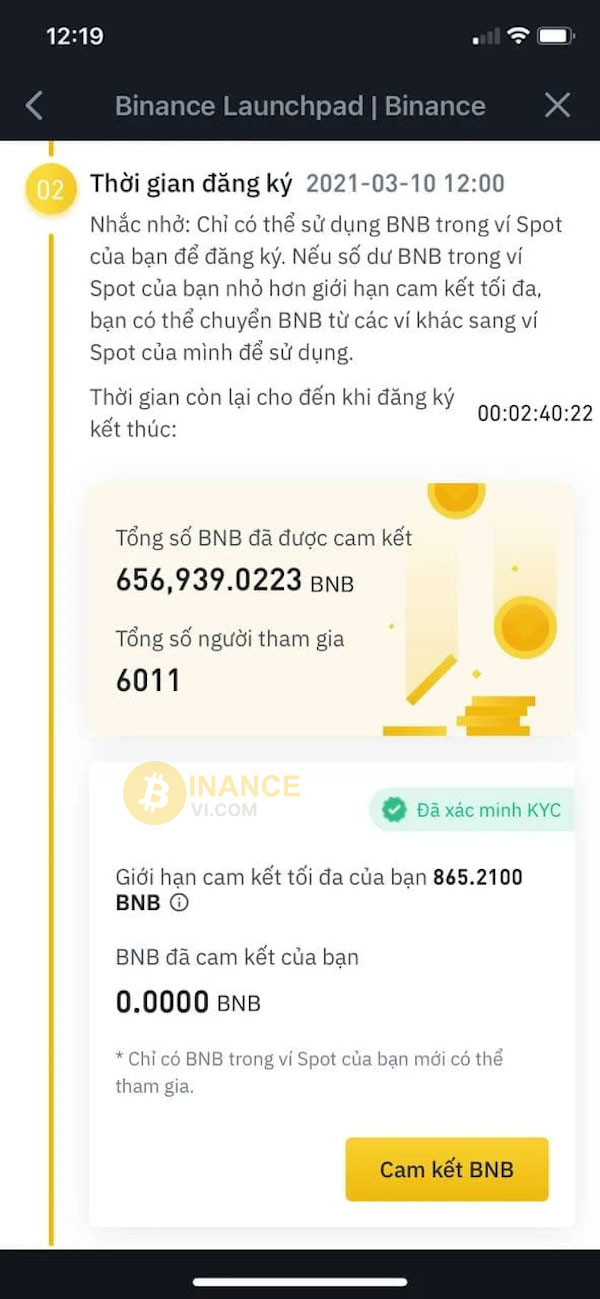 Click vào mục “Cam kết BNB” để chuyển sang bước tiếp theo