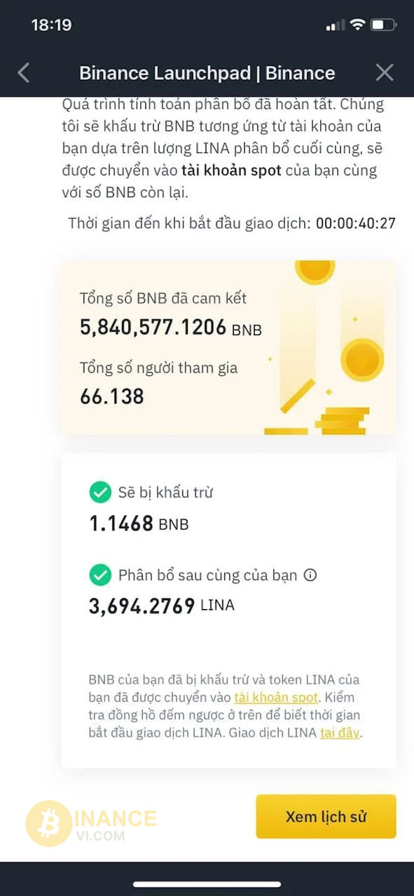 Số lương token sẽ bị trừ vào BNB bạn đã thực hiện cam kết trước đó