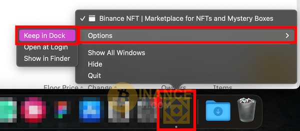 Thiết lập ứng dụng Binance NFT xuất hiện trên thanh công cụ của máy tính