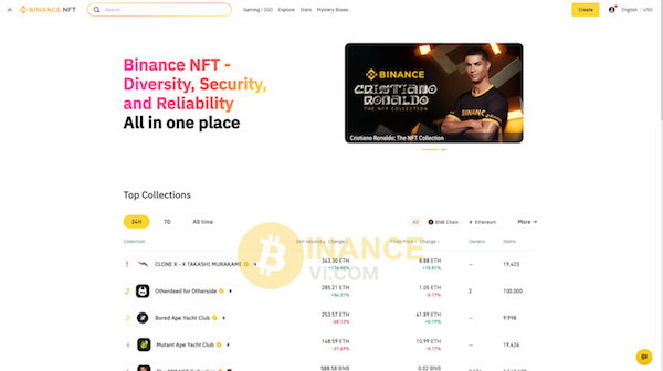 Giao diện của Binance NFT Marketplace được sắp xếp khoa học, hợp lý