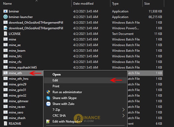 Edit file “mine_eth“ sau khi thư mục được giải nén