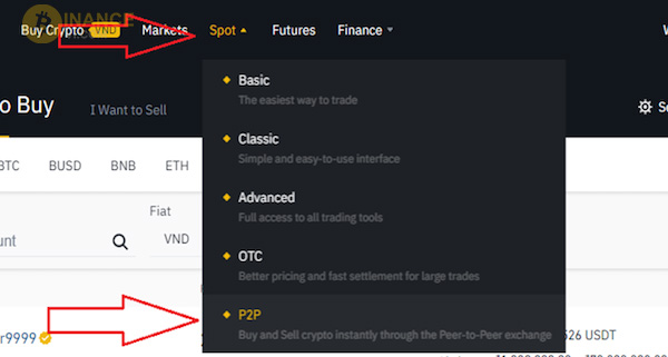 Truy cập vào phần P2P để mua coin của Binance
