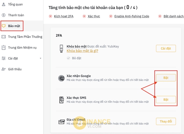 Kích hoạt các tính năng bảo mật cho tài khoản Binance