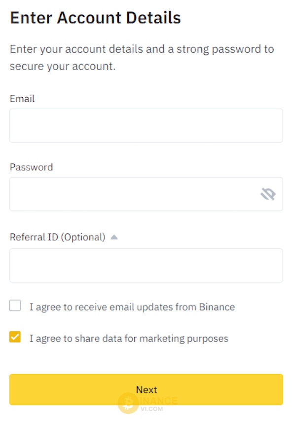 Điền các thông tin trong trường còn trống để đăng ký tài khoản Binance