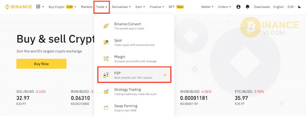 Chọn P2P từ mục Trade trên thanh công cụ của Binance