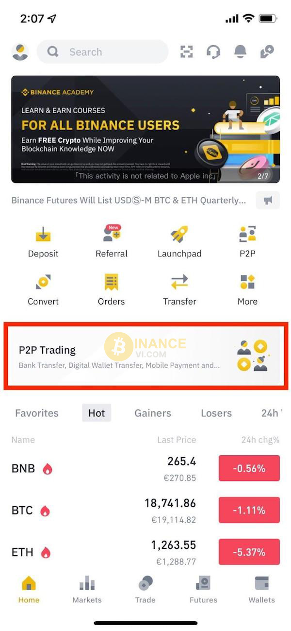 Chọn P2P trực tiếp từ trang chủ