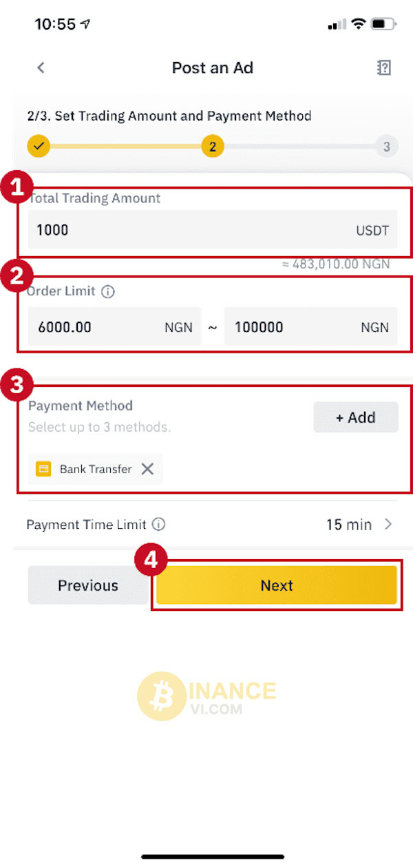 Điền thông tin như yêu cầu để đăng quảng cáo P2P trên Binance