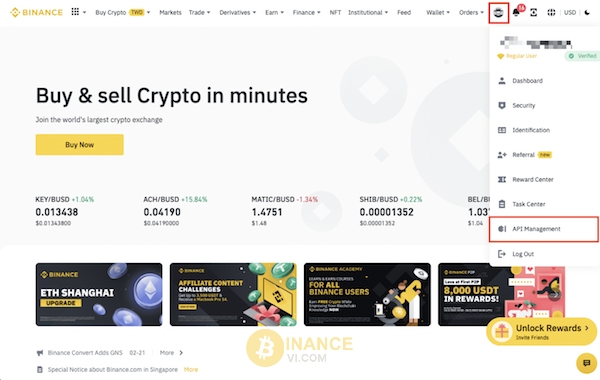 Đăng nhập vào Binance và chọn Quản lý API