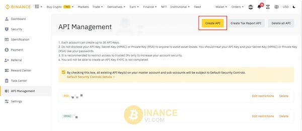 Bật xác thực hai yếu tố trước khi tạo khóa API trên tài khoản Binance