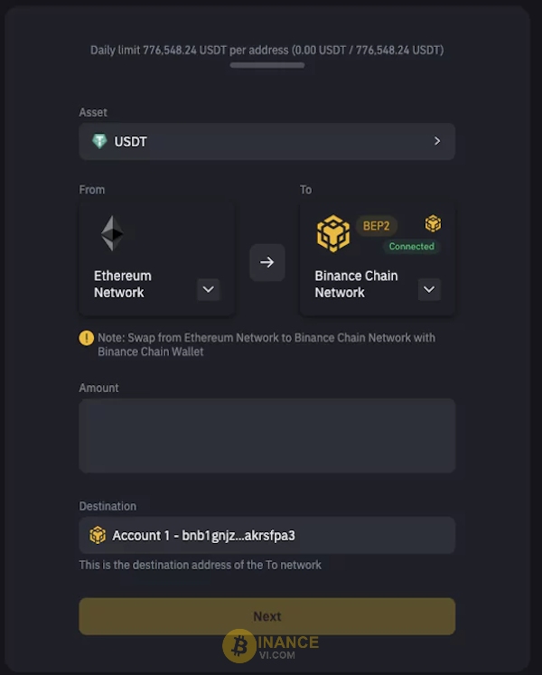 Ví dụ chọn mạng lưới Ethereum chuyển đổi sang Binance Chain
