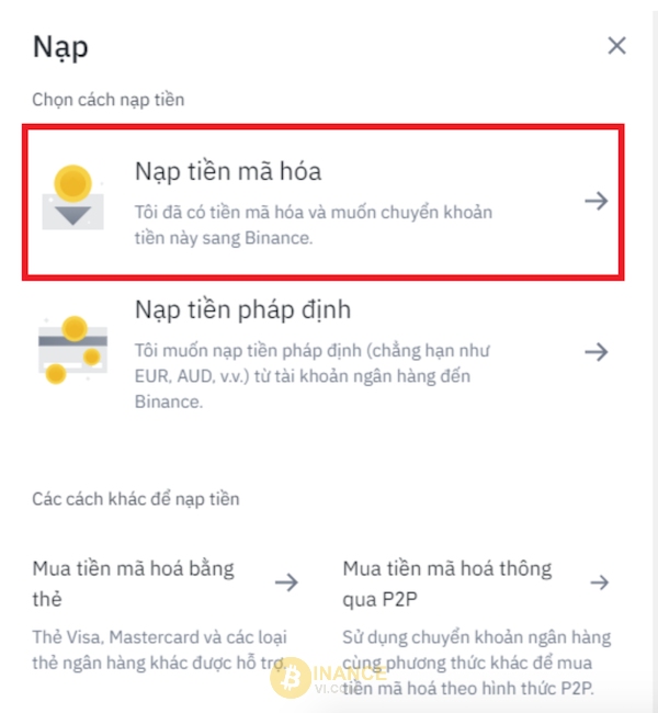 Minh họa bước 3 - Nạp tiền mã hoá