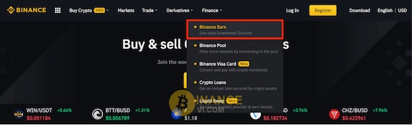 Bấm vào “Binance Earn” như ảnh minh họa để tham gia DeFi Staking trên Binance