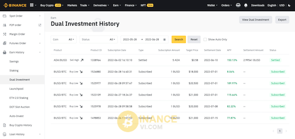 Các bước xem lại lịch sử Dual Investment