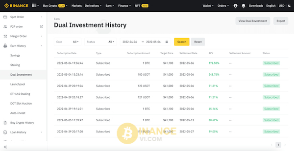 Cách vào lịch sử đăng ký Dual Investment