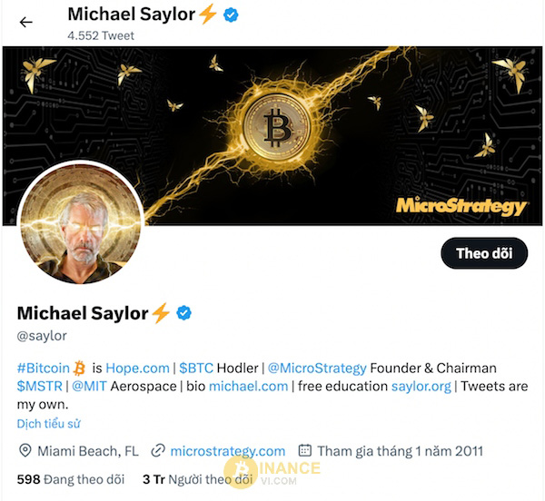 Bạn có thể cập nhật tình hình của BTC thông qua mạng xã hội của Michael Saylor