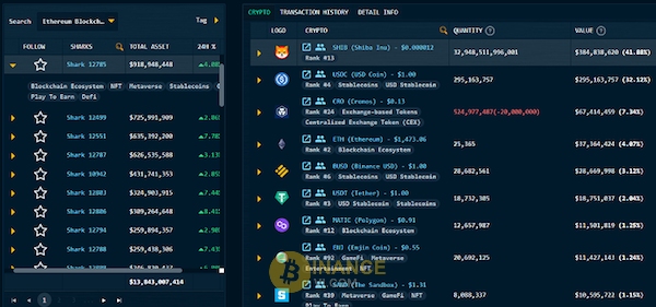 Thống kê các lượng tài sản nắm giữ bởi một con cá mập (Nguồn: sharkscan.io)