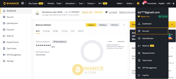 Đăng nhập vào tài khoản Binance thành công