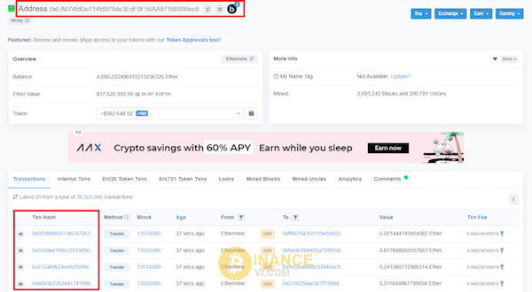 Tra cứu những giao dịch có trên Etherscan