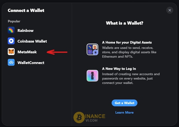 Lựa chọn ví MetaMask khi tiến hành kết nối