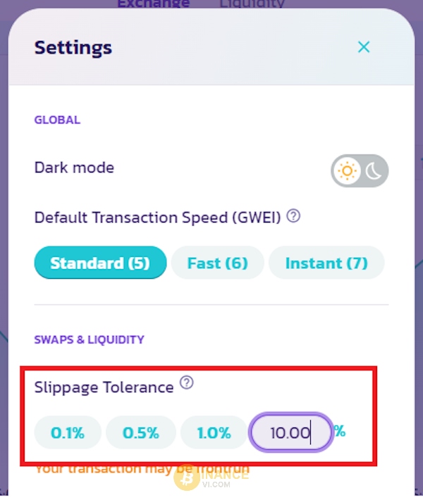 Vào mục Setting và tự điều chỉnh mức Slippage Tolerance sao cho phù hợp